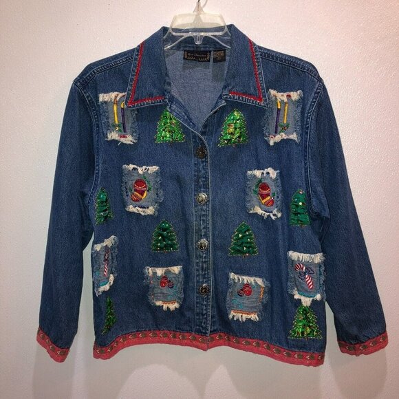 Vintage New Direction Womens Large Blue Button Up Christmas Holiday Denim Jacket - Picture 4 of 10